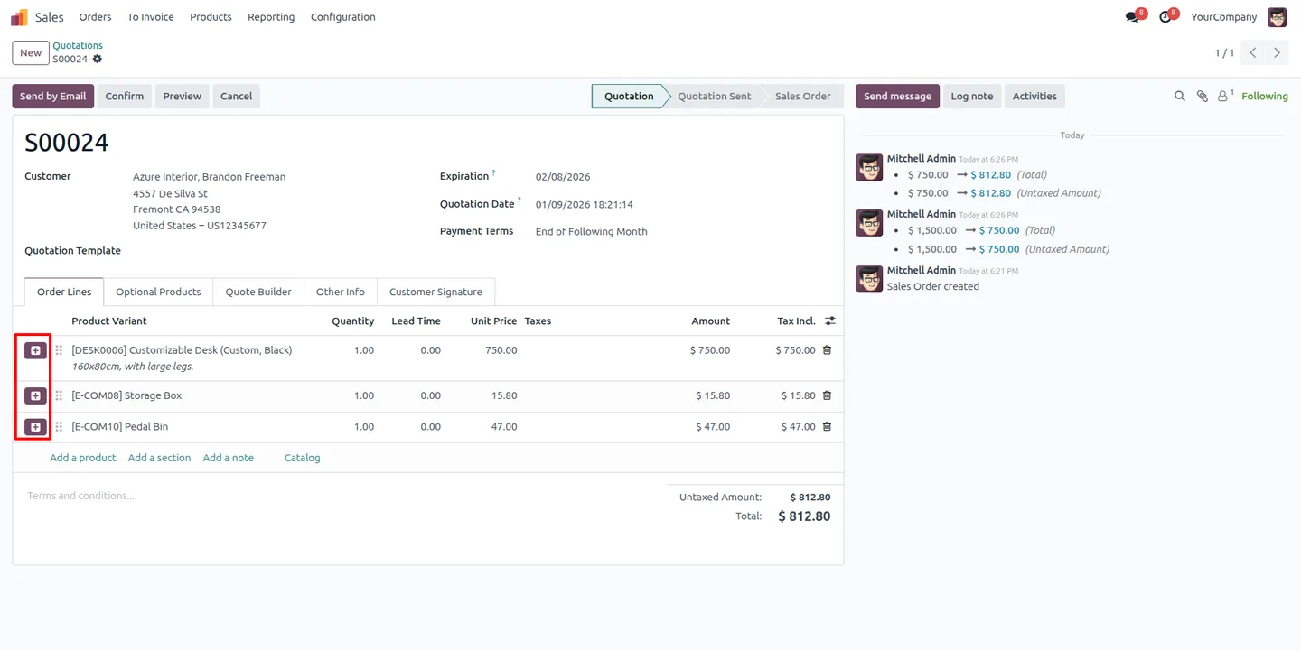 The Sale Order Line Adder plus button next to each Odoo sales order line