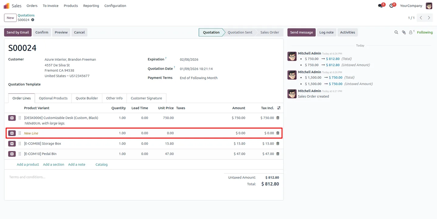 A blank line inserted mid-order in an Odoo sales order