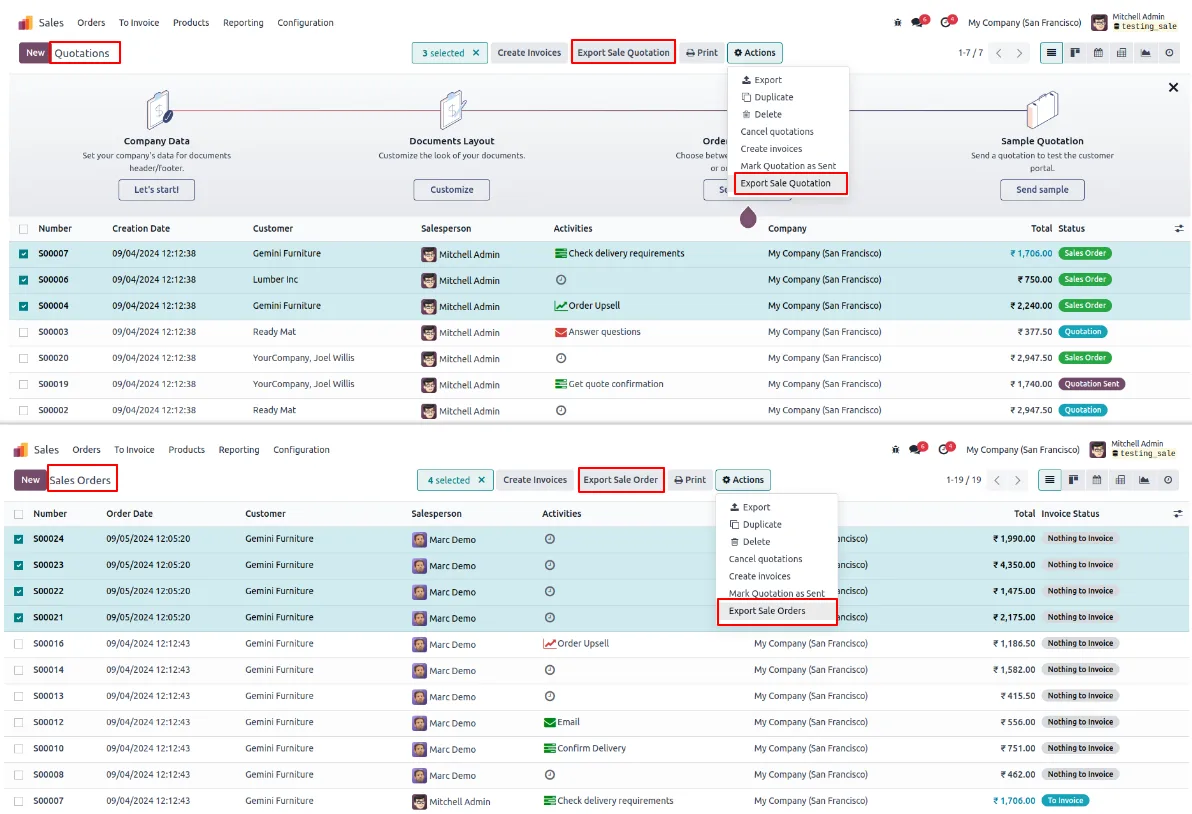 Sale Order export button shown in the Odoo tree-view toolbar
