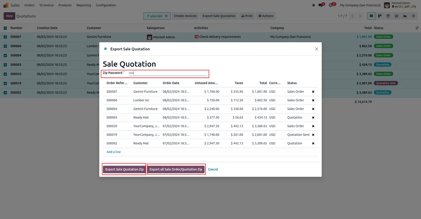 Quotations list with selected records ready to export to ZIP in Odoo