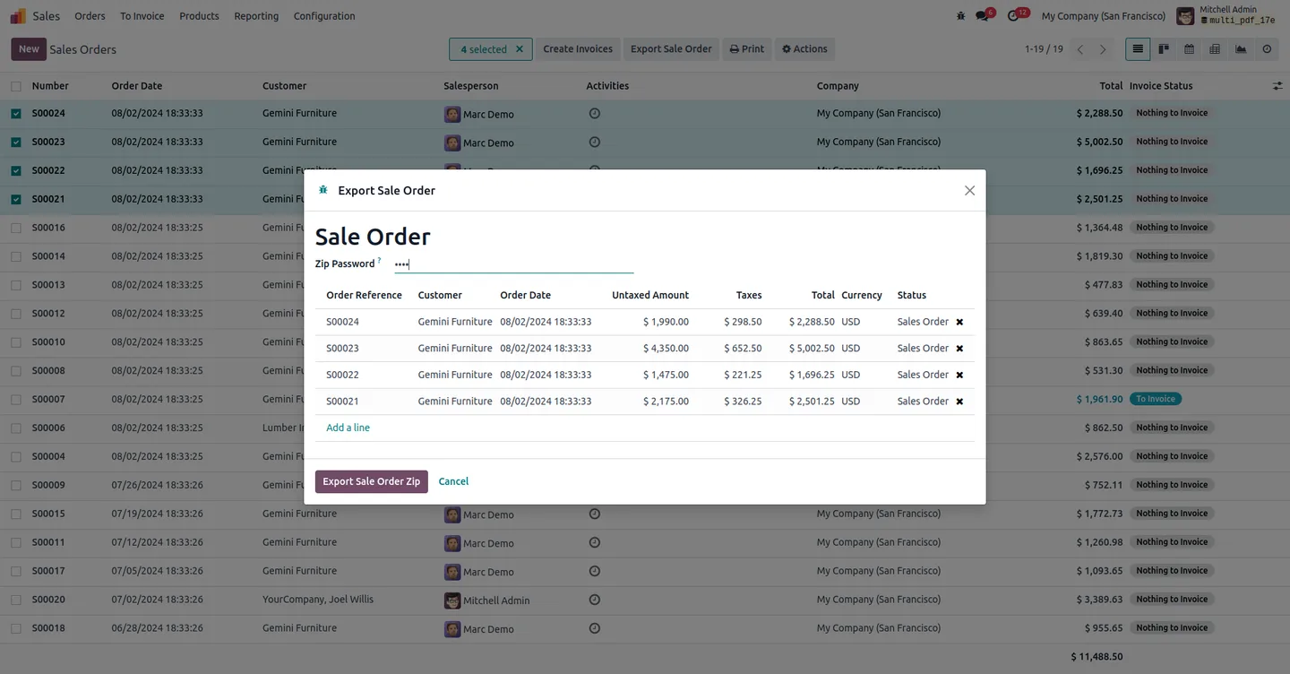 Sales Orders tree view with the Export Sale Order action visible