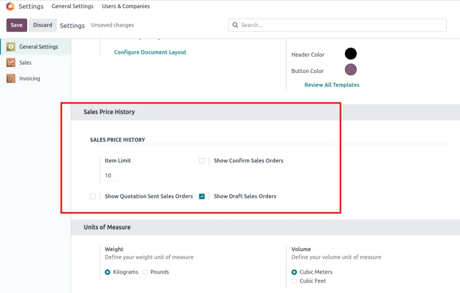 Sales settings panel enabling draft sale orders in the Enhanced Sale Price History configuration