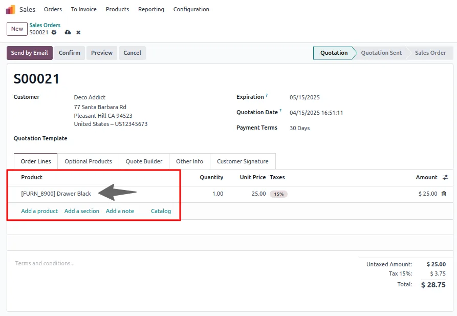 Selecting a product on a draft Odoo sale order to record its sale price history