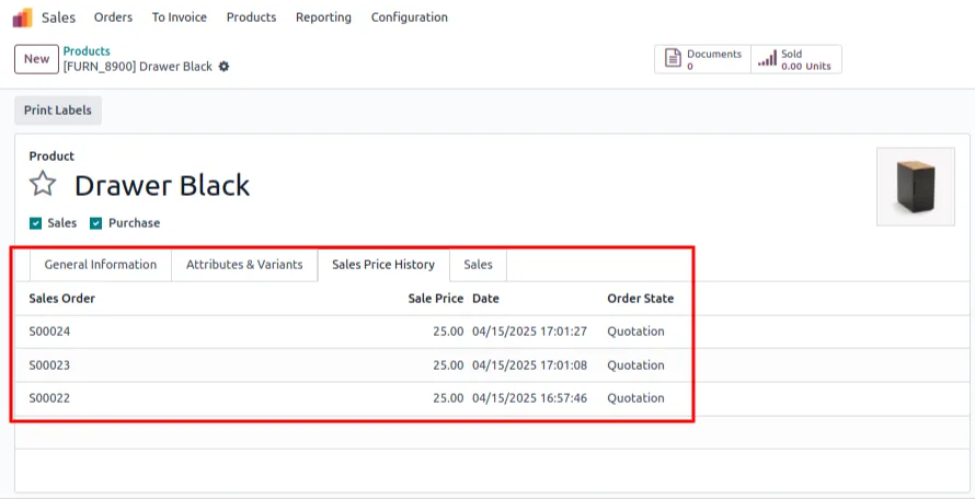 Sales Price History tab on an Odoo product showing draft sale-order price entries