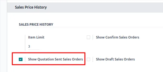 Sales settings panel enabling sent quotations in the Enhanced Sale Price History configuration