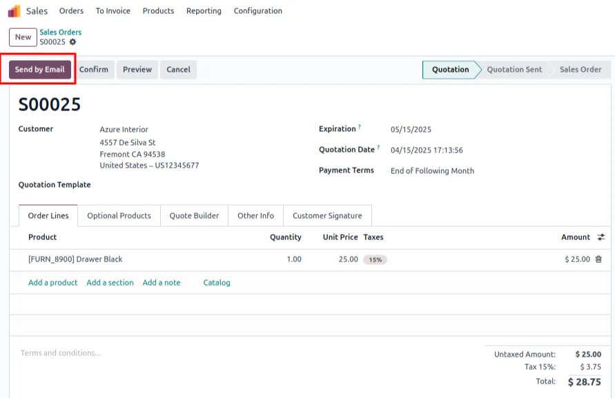 Sending a quotation by email so its price flows into the Odoo sale price history