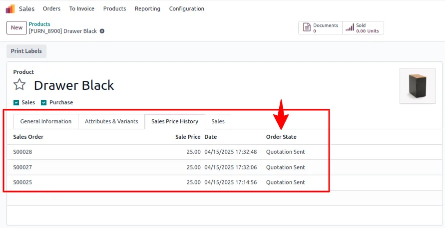 Sales Price History tab on an Odoo product showing sent-quotation price entries