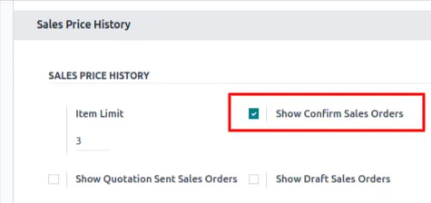 Sales settings panel enabling confirmed sale orders in the Enhanced Sale Price History configuration
