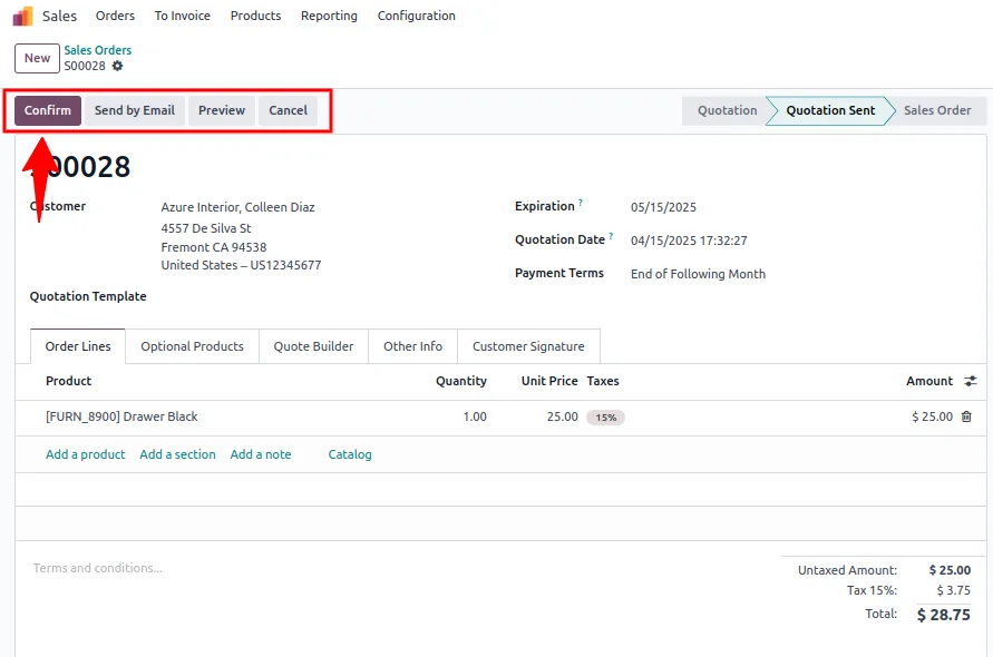 Confirming an Odoo sale order to register its price in the sale price history