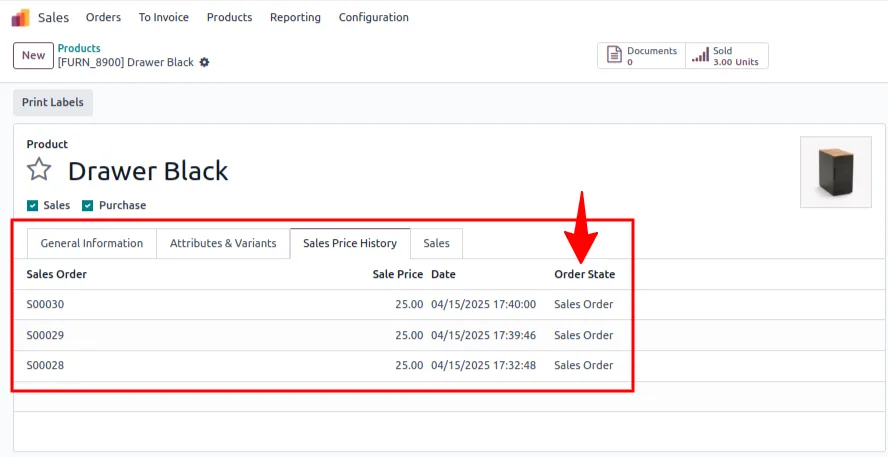 Sales Price History tab on an Odoo product showing confirmed sale-order price entries
