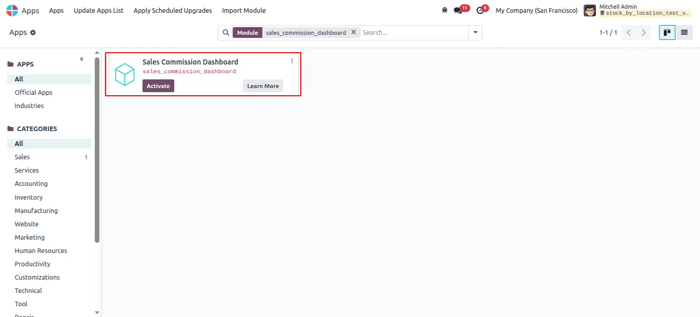 Sales Commission Dashboard overview inside Odoo 18 with colour-coded tiles
