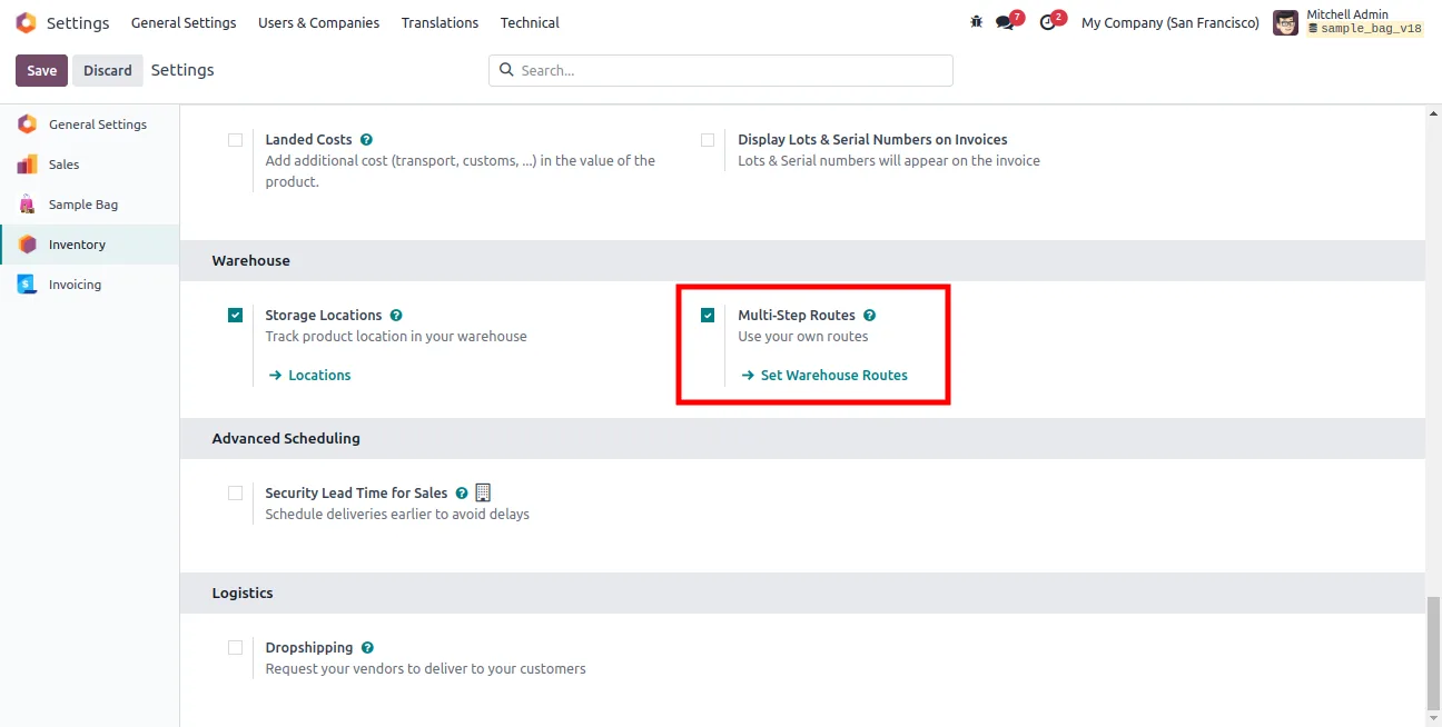 Enabling multi-step warehouse routes for Sample Bag in Odoo Inventory settings