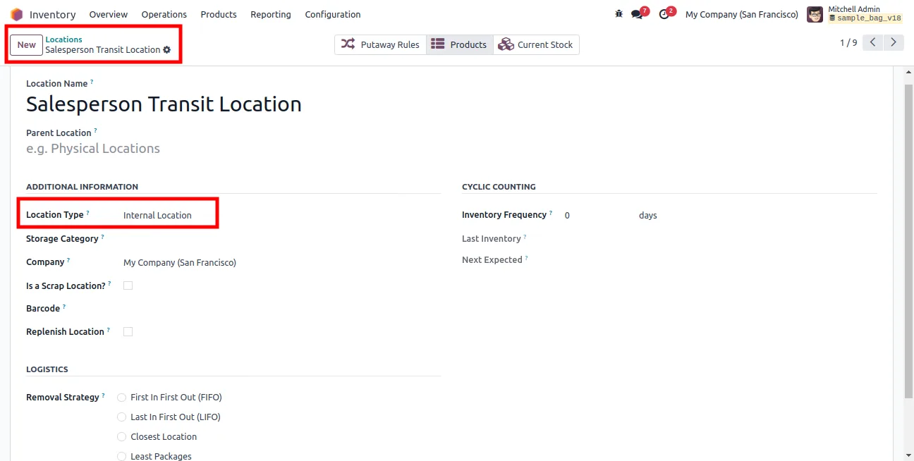 Creating a salesperson transit location for Sample Bag in Odoo