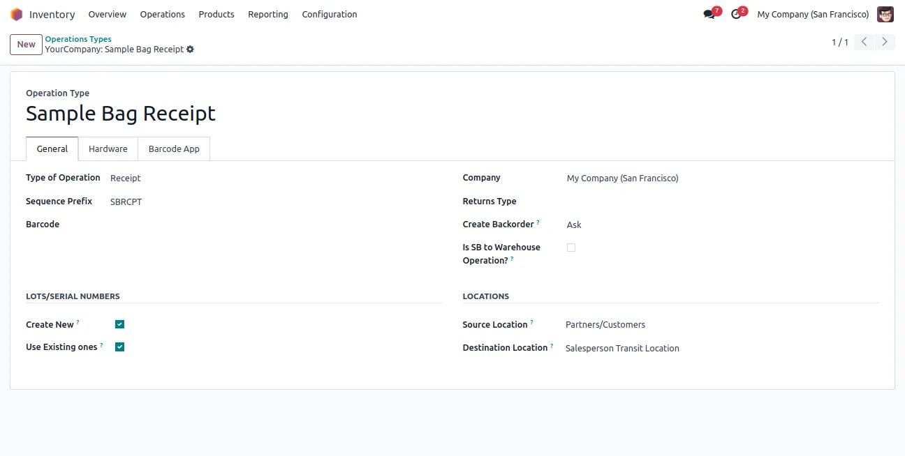 Configuring the Sample Bag Receipt operation type in Odoo