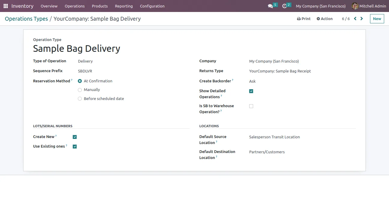 Configuring the Sample Bag Delivery operation type in Odoo