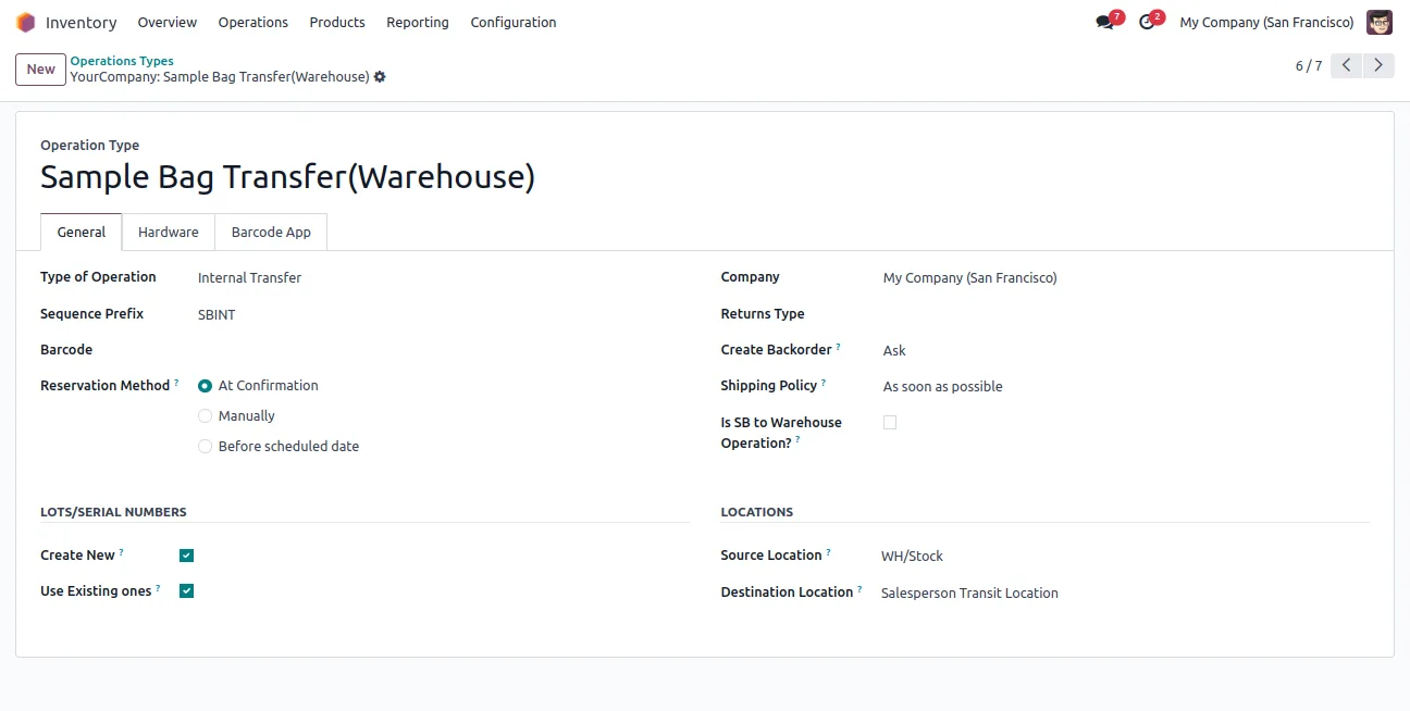 The Sample Bag Transfer Warehouse operation type set up in Odoo