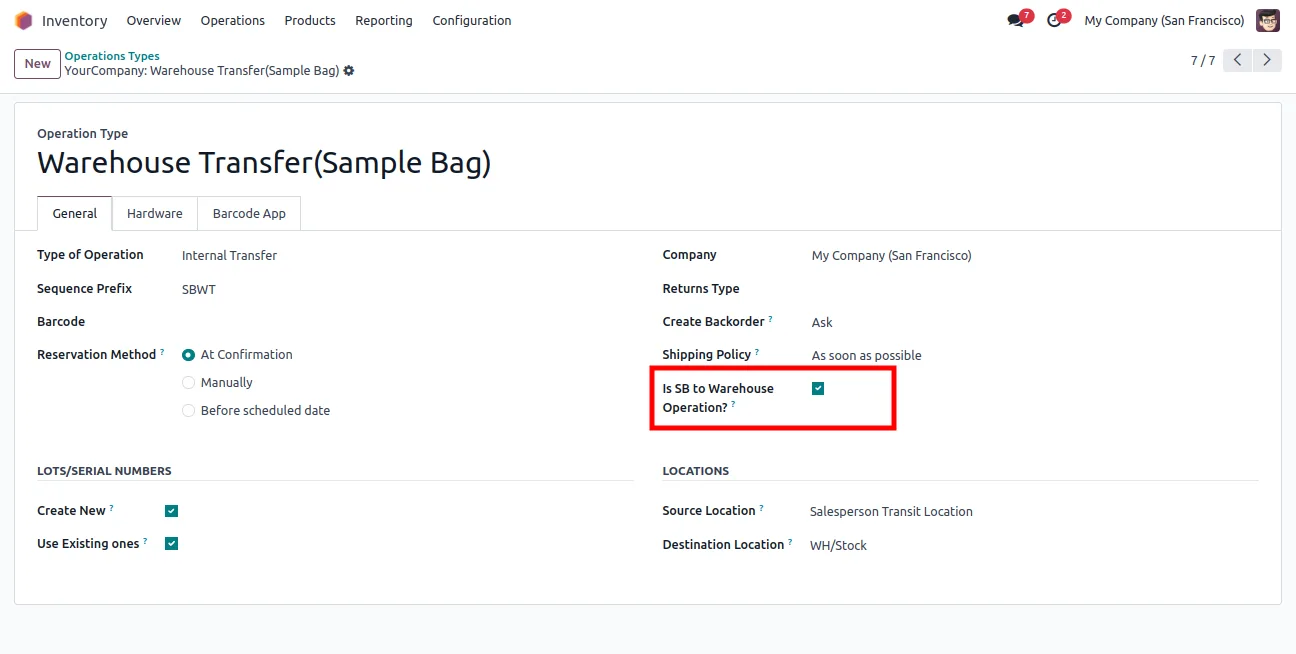 The Warehouse Transfer Sample Bag operation type for returns in Odoo