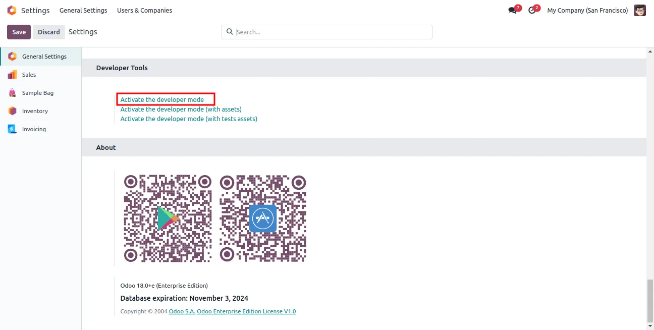 Activating developer mode to configure Sample Bag in Odoo