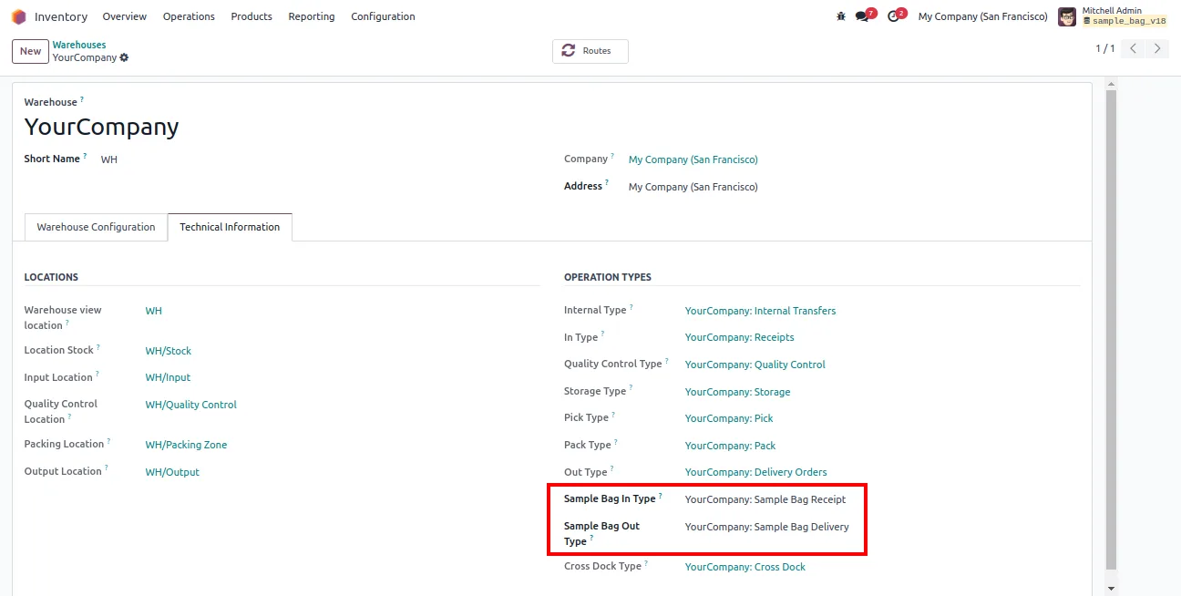 Assigning Sample Bag operation types on the Odoo warehouse configuration
