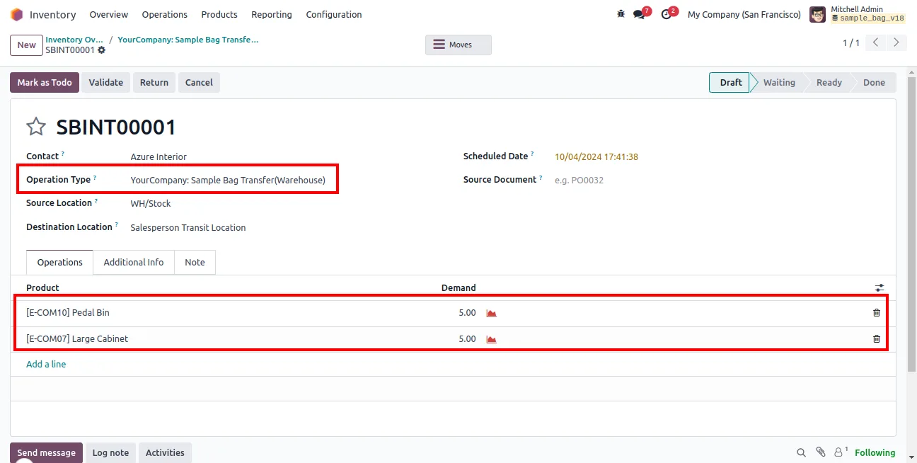 Creating an internal transfer for a salesperson in Odoo Inventory