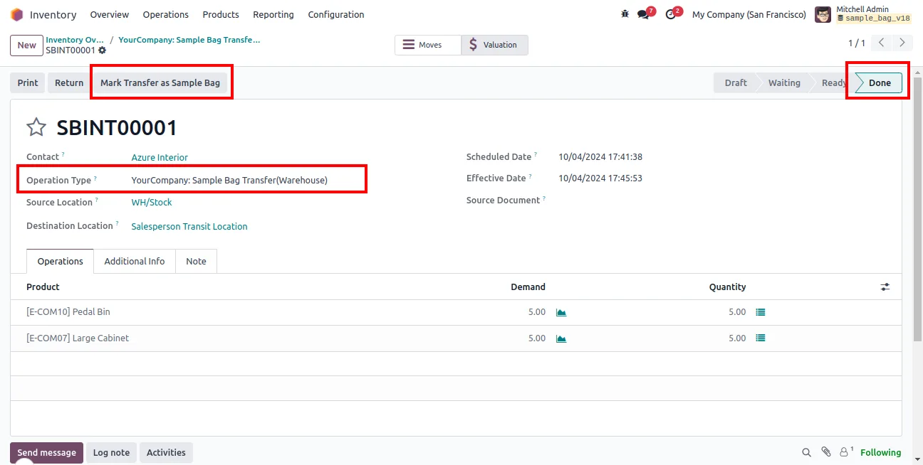 Marking an Odoo internal transfer as a sample bag
