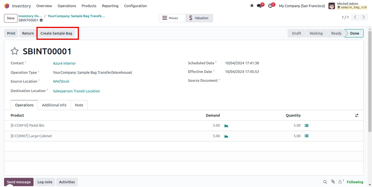 Creating a new sample bag assigned to a salesperson in Odoo