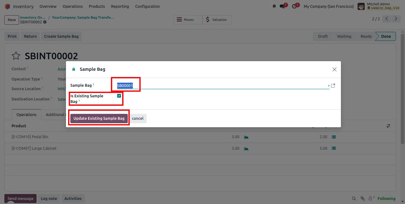 An existing sample bag with its tracked sample products in Odoo