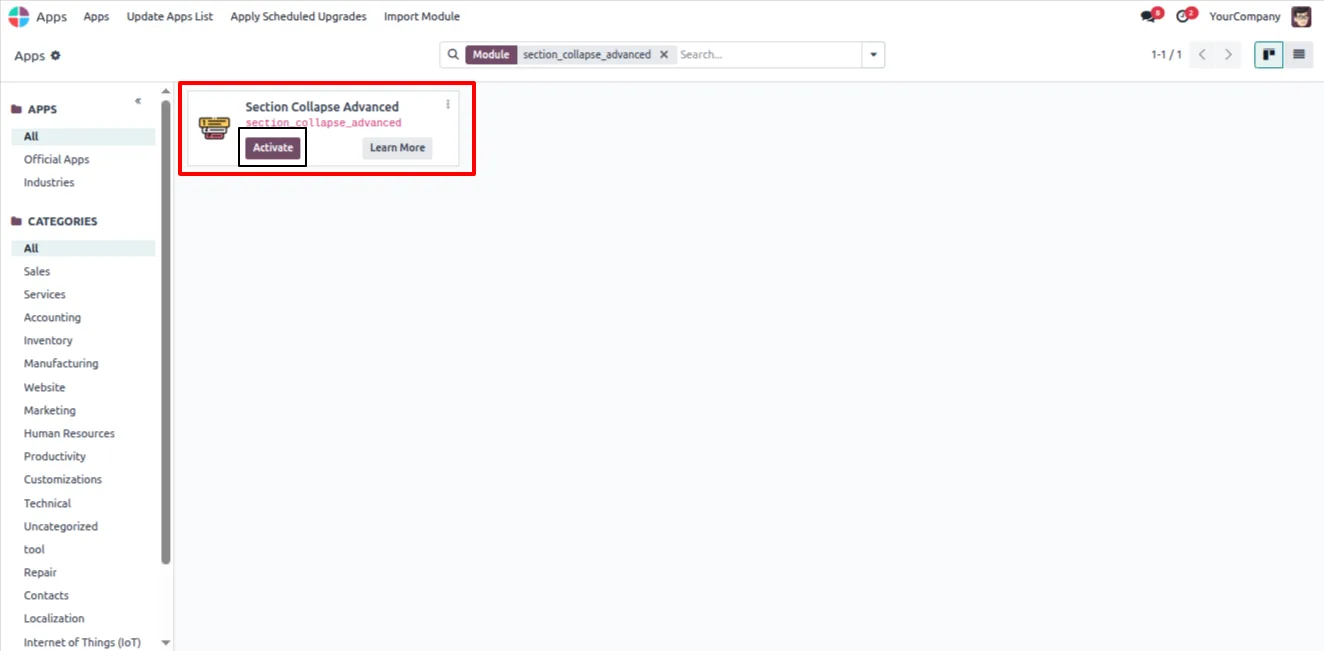 Expanded section lines in an Odoo order before using Section Collapse Advanced