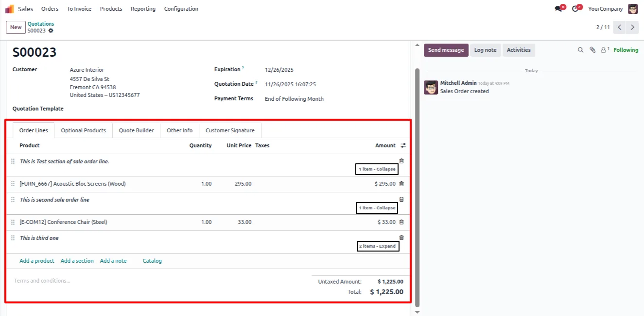 Collapsed section headers in an Odoo order with line items folded away