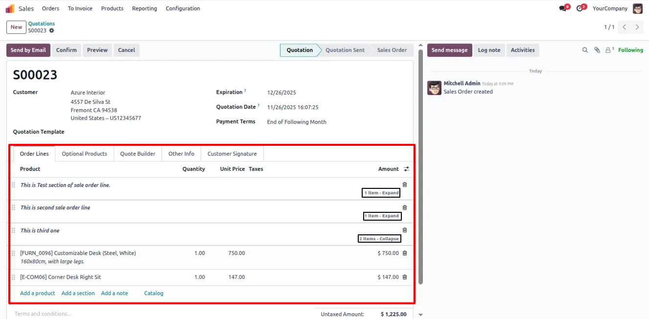 One-click collapse and expand control on an Odoo section header