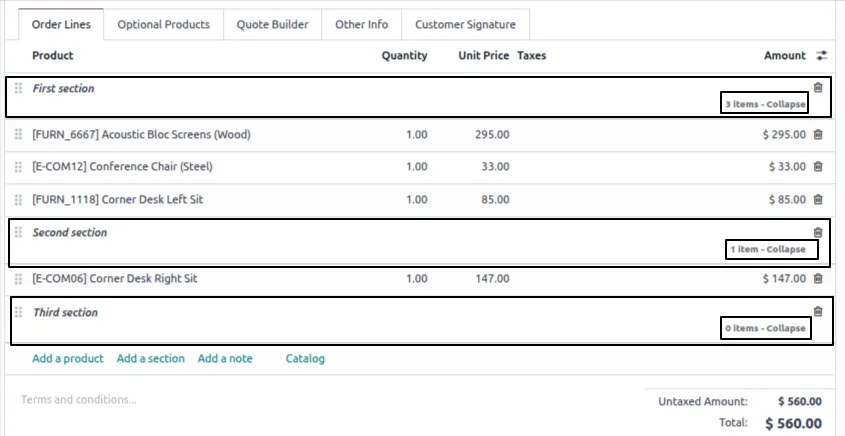 A collapsed Odoo section showing its item count with Section Collapse Advanced