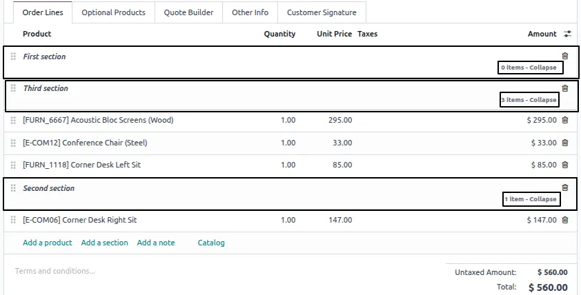 Structured, collapsible section lines in an Odoo quotation