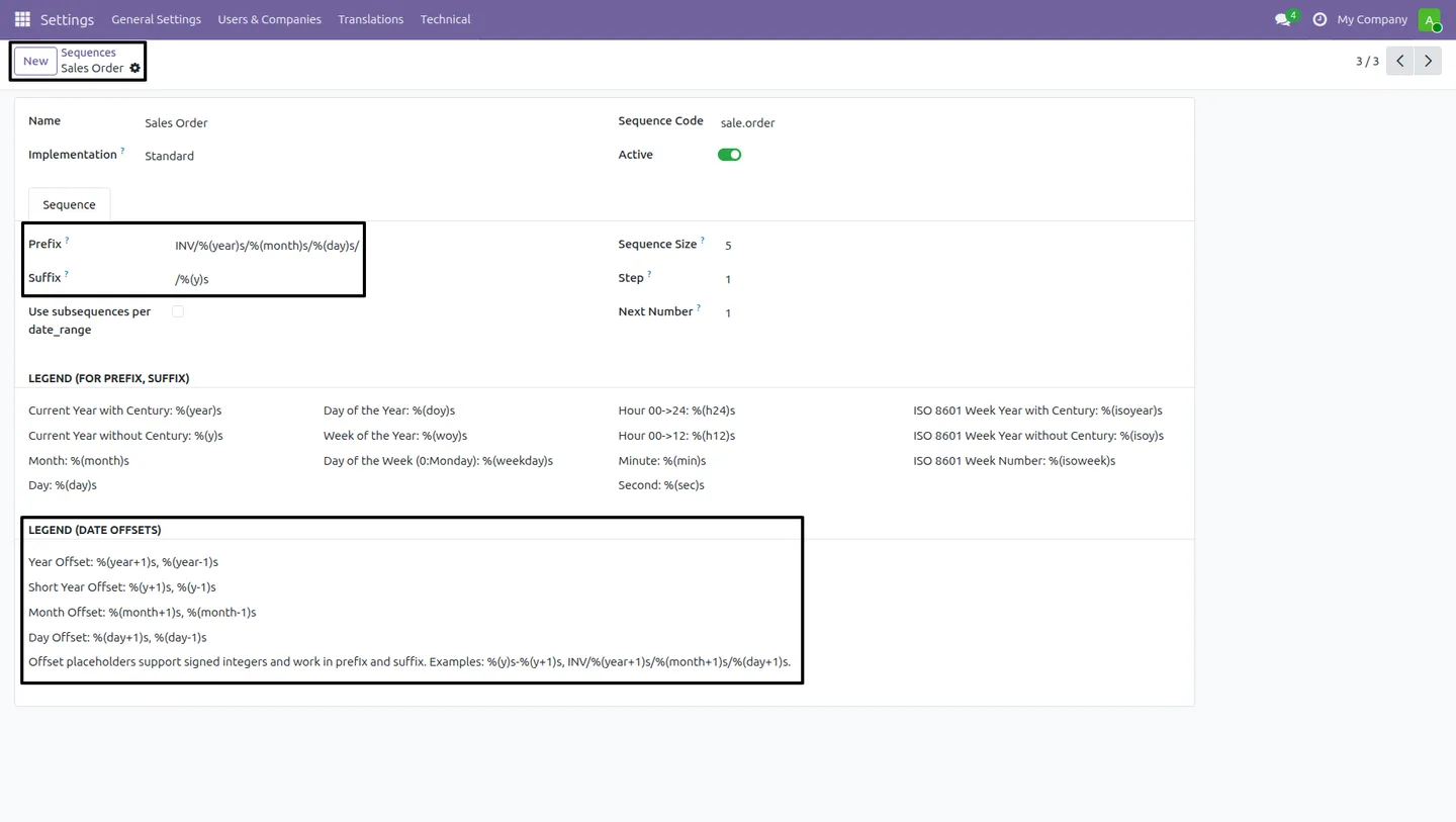 The Odoo Sequences list with Sequence Date Offset installed