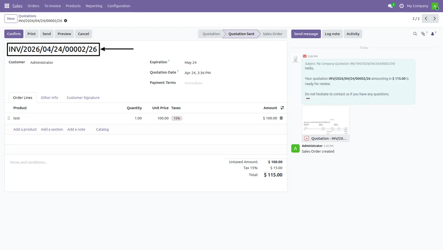 Opening a sequence record to configure date-offset placeholders in Odoo