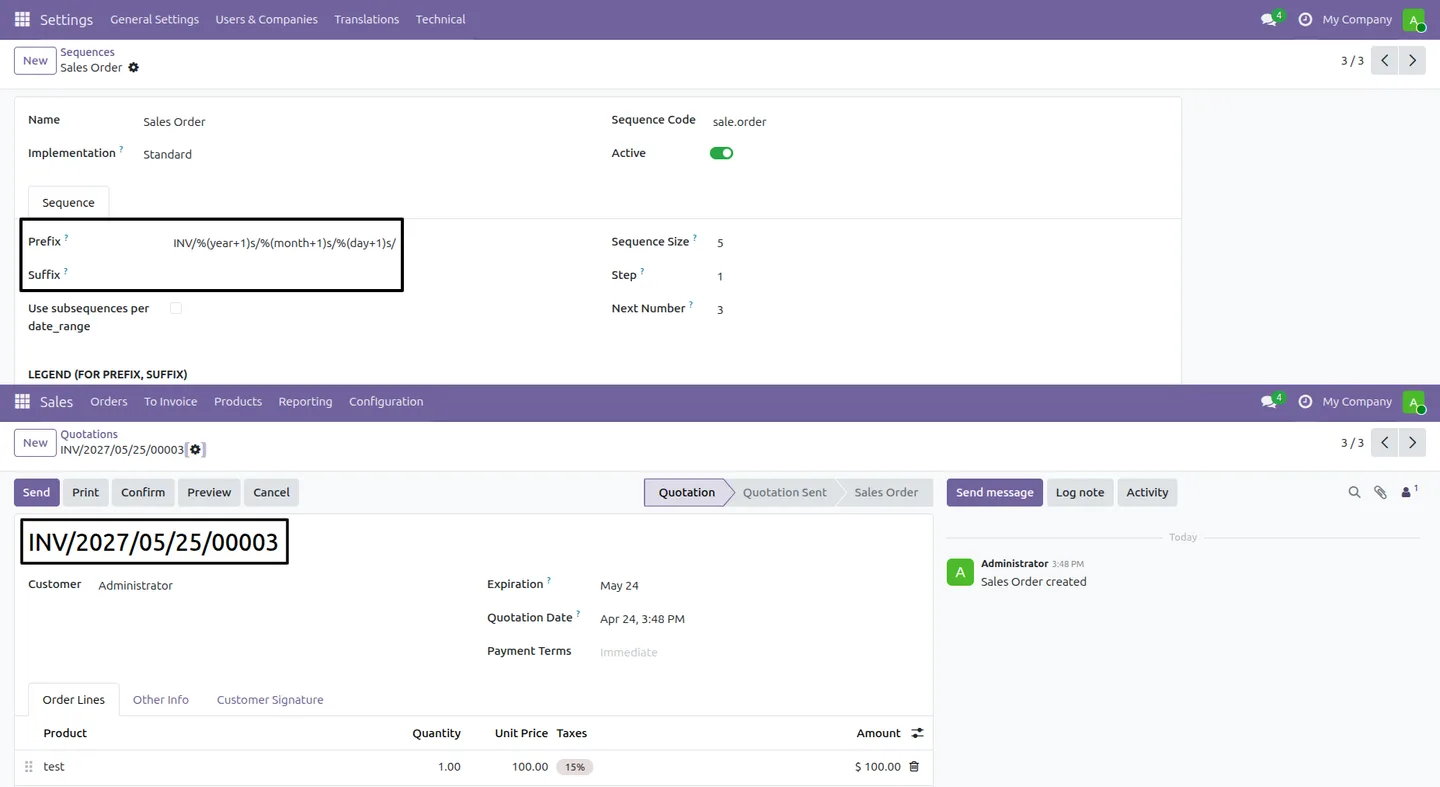 Entering year and month offset expressions in an Odoo sequence prefix