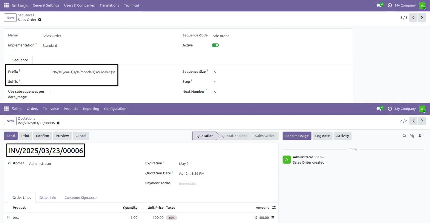 An Odoo sequence configured with a custom date-offset prefix and suffix