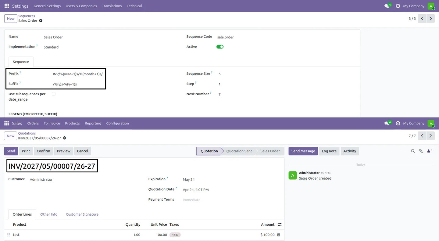 Creating a sales order to test the offset-based sequence number in Odoo