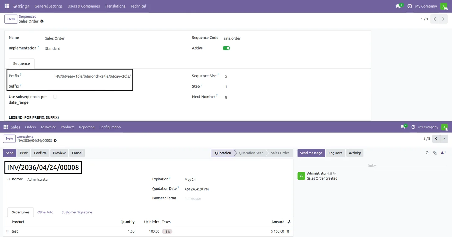 An Odoo document number generated from a date-offset sequence