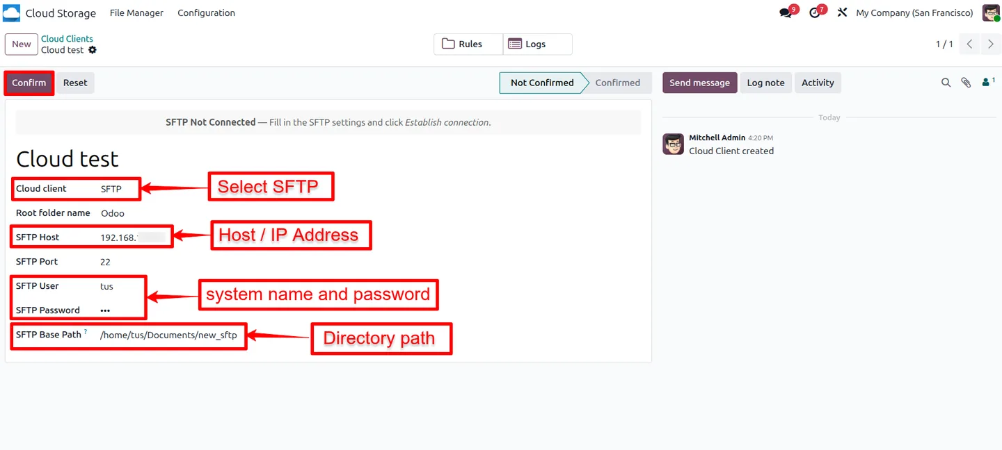 SFTP cloud client in Odoo with host, port, user, password and base path settings