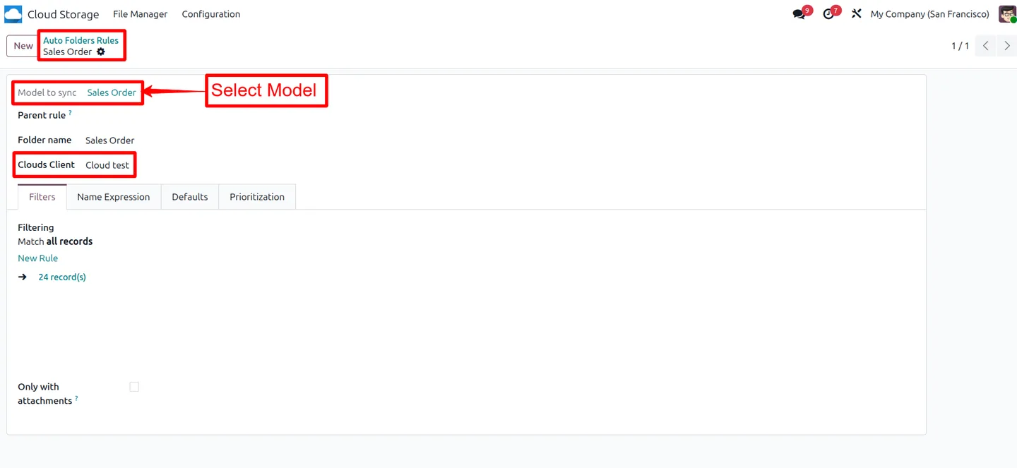 Sale Order folder rule in Odoo targeting the SFTP client