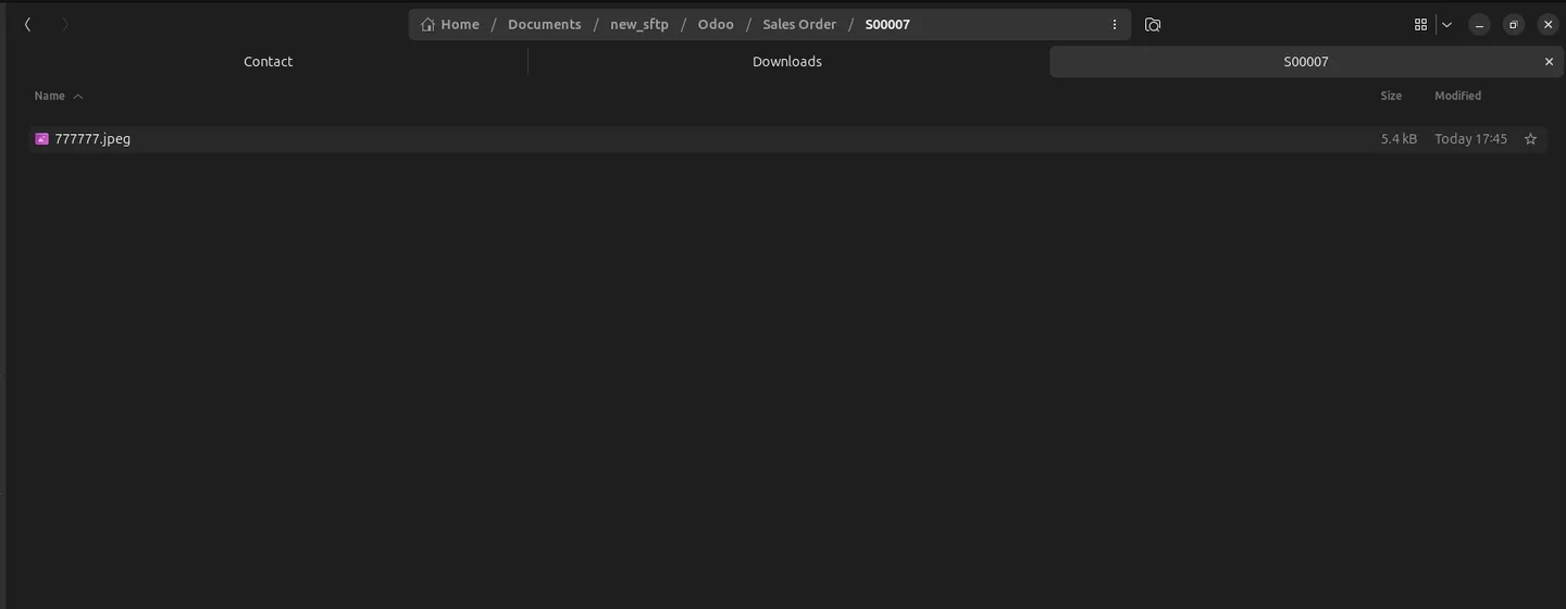 Server file browser showing a synced file under the Sales Order folder on the SFTP server