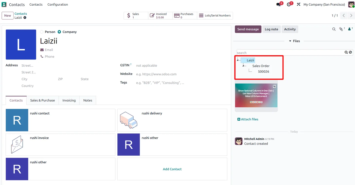 Contact record in Odoo with a Files panel showing its Sales Order folder