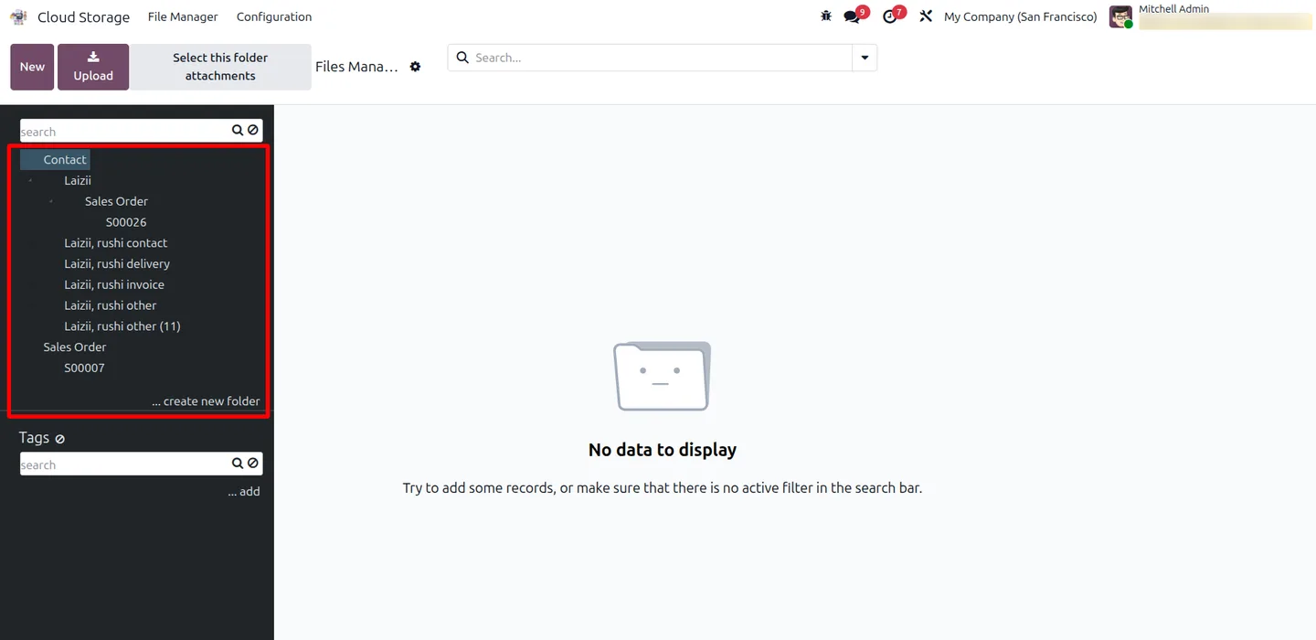 Odoo Cloud Storage file manager tree with Contact and Sales Order folders