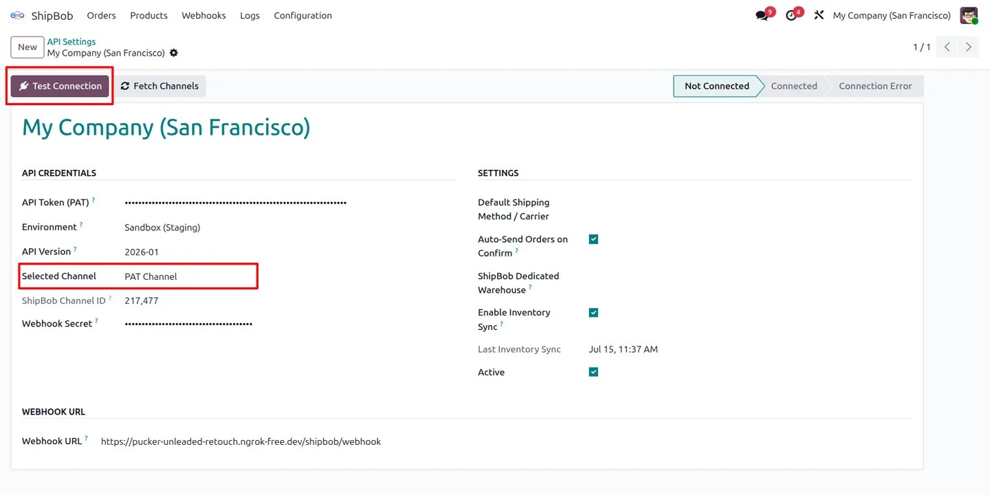 ShipBob API settings and connection in Odoo