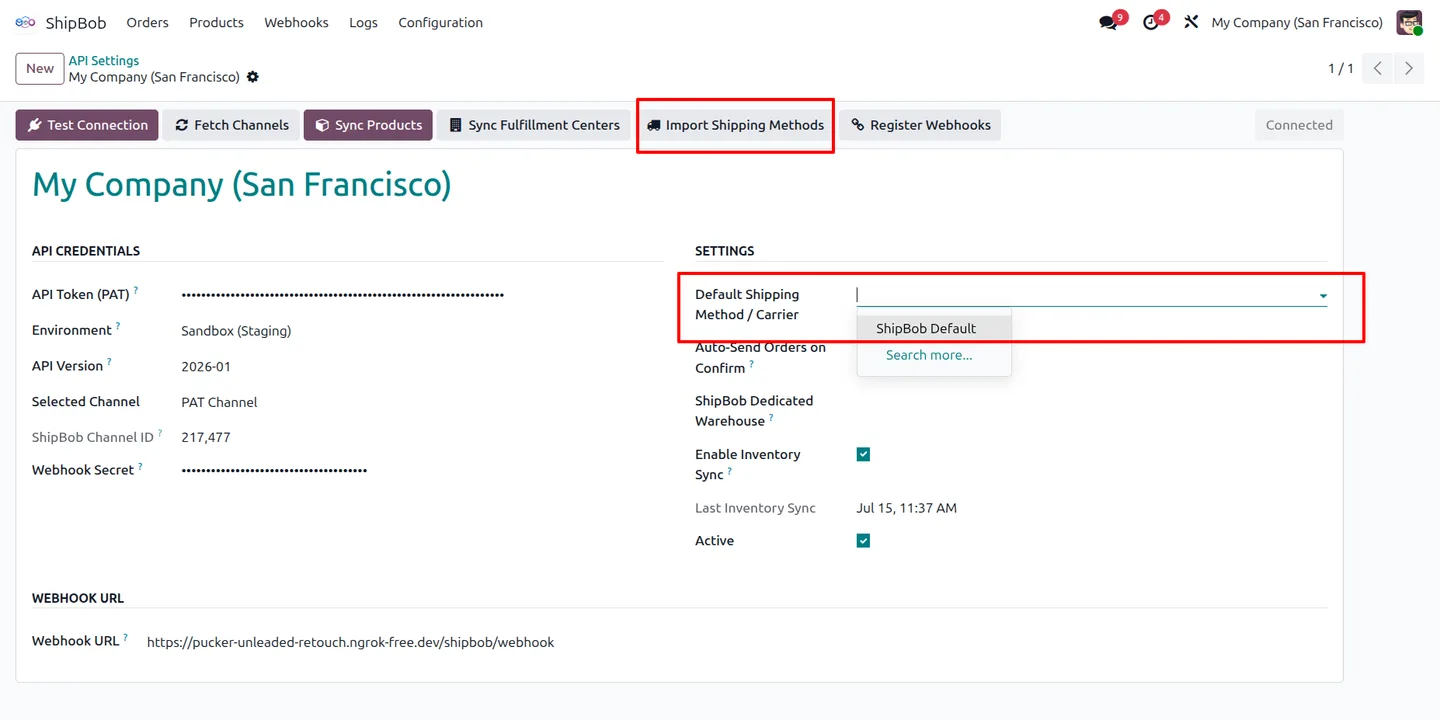 Fetching ShipBob sales channels in Odoo