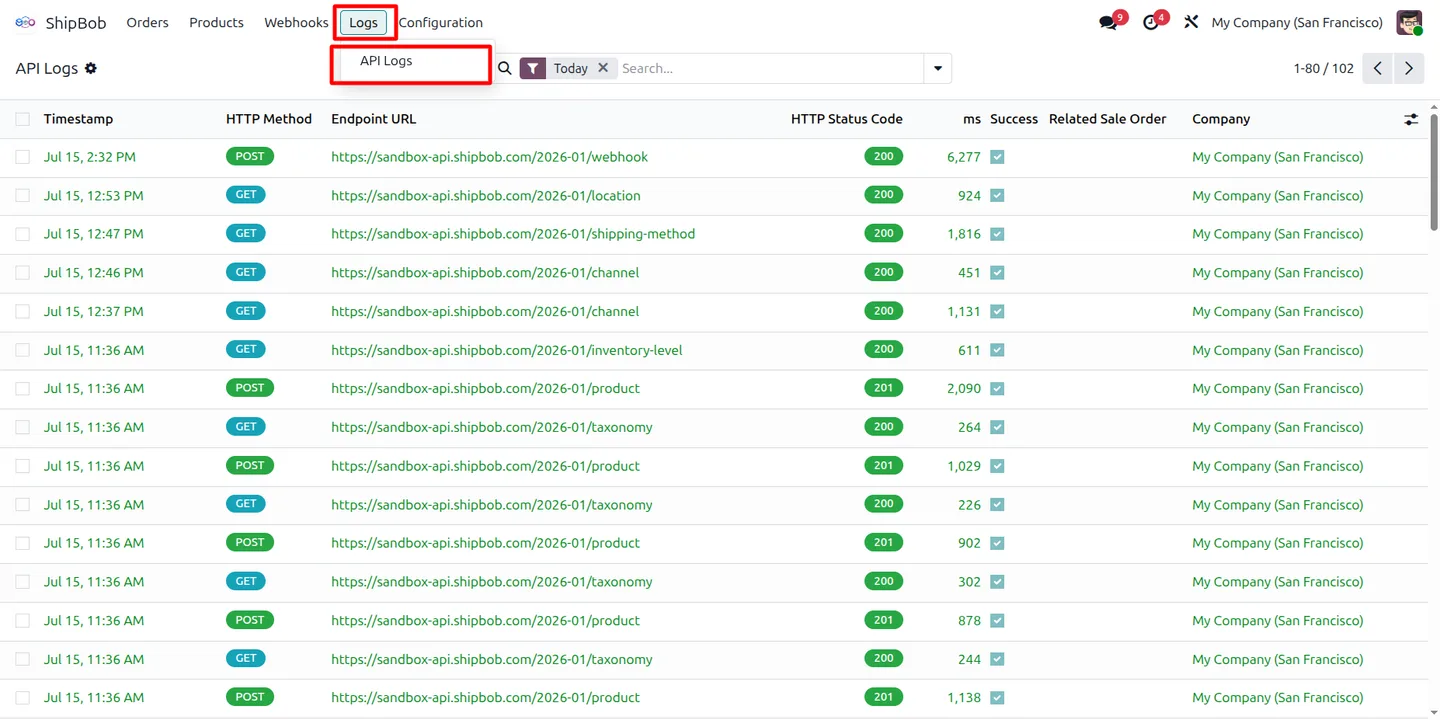 Inventory synchronization status between Odoo and ShipBob