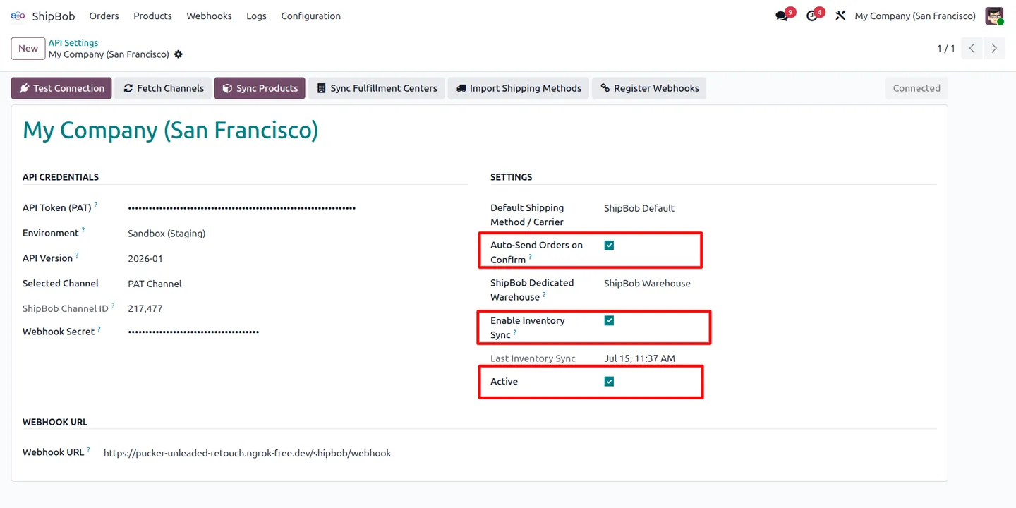 ShipBob sales-channel configuration in Odoo