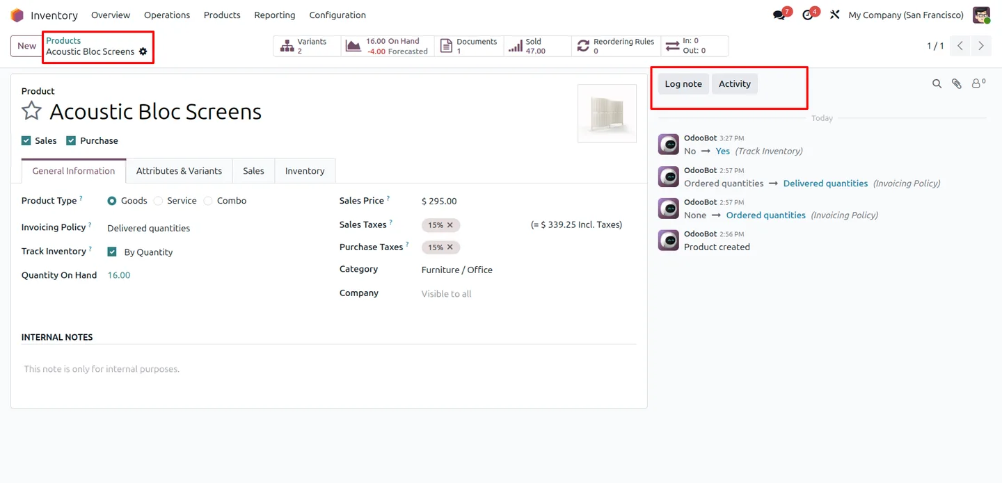 An Odoo record with the chatter Send Message button hidden for the user