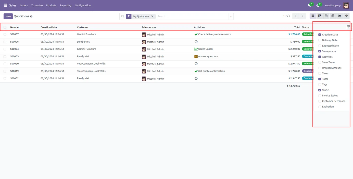 Enabling all optional columns in the Odoo general settings List view section
