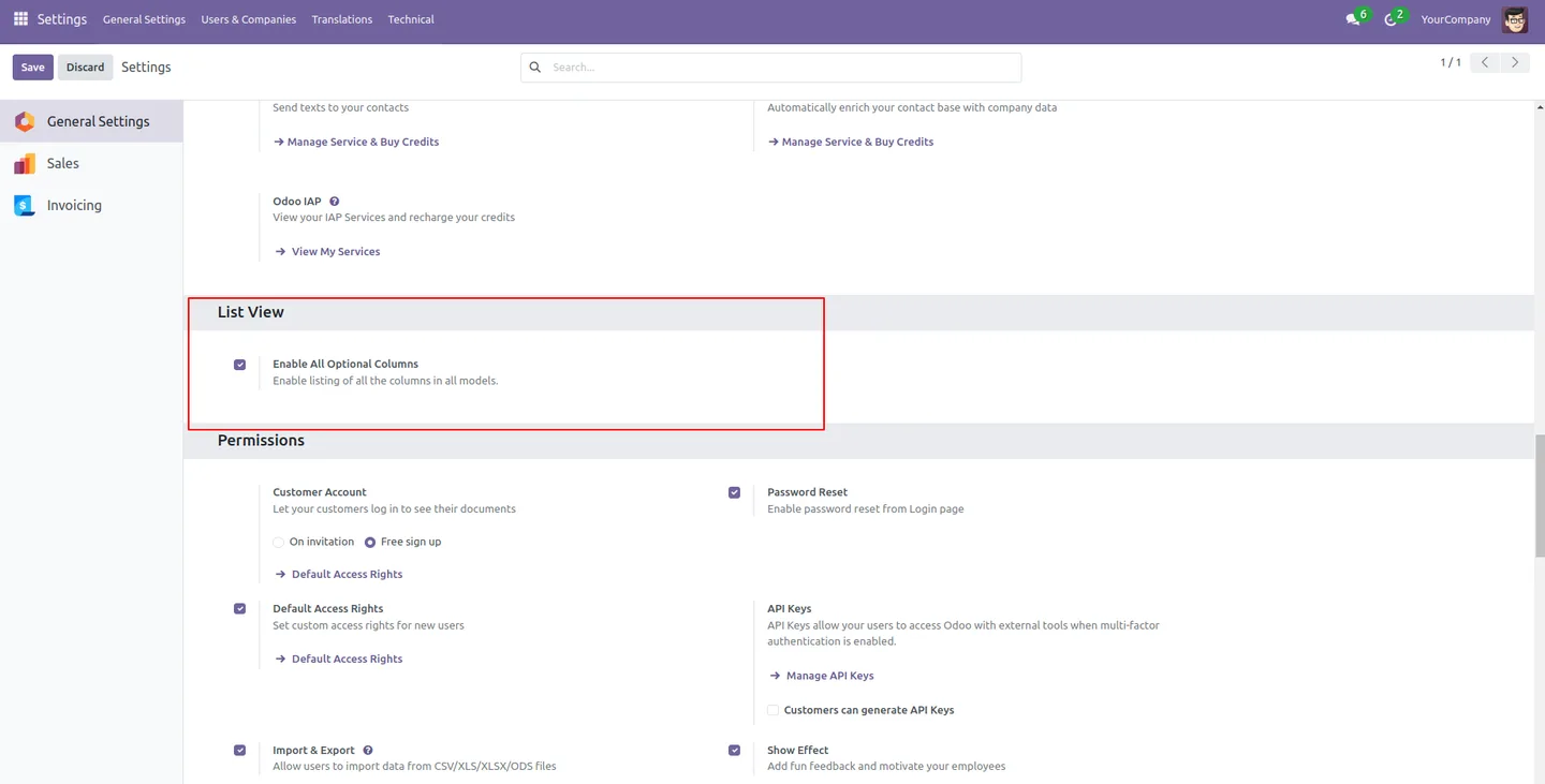 The optional-columns menu showing every available column on an Odoo list view